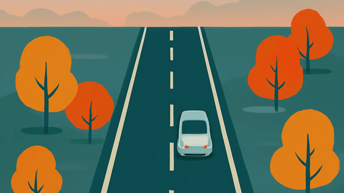A light blue car drives down a straight road with white dashed lines, surrounded by orange trees and green ground