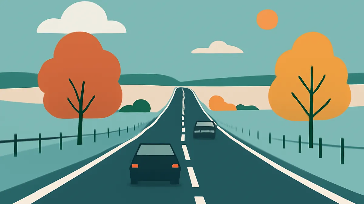 Two cars driving on a two-lane highway through a rural landscape with trees and hills under a blue sky
