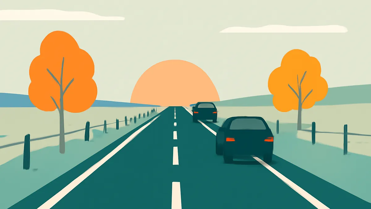 Two cars driving on a highway towards a large orange sunset with orange trees on either side of the road