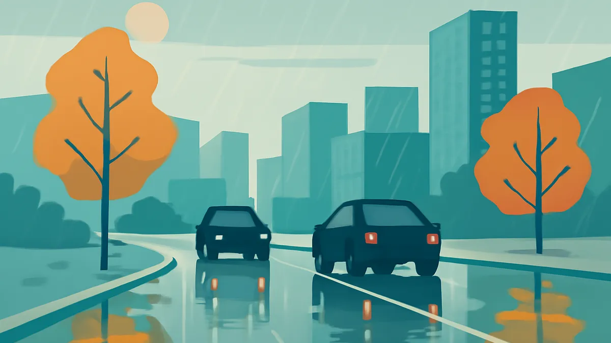 Two cars on a wet road in a city with tall buildings and orange trees under a light sky