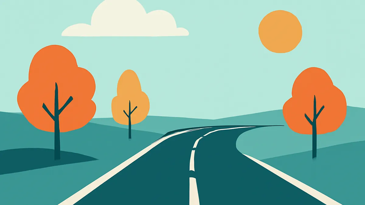 A winding road through a landscape with trees and hills under a sky with a sun and a cloud in a flat, illustrative style