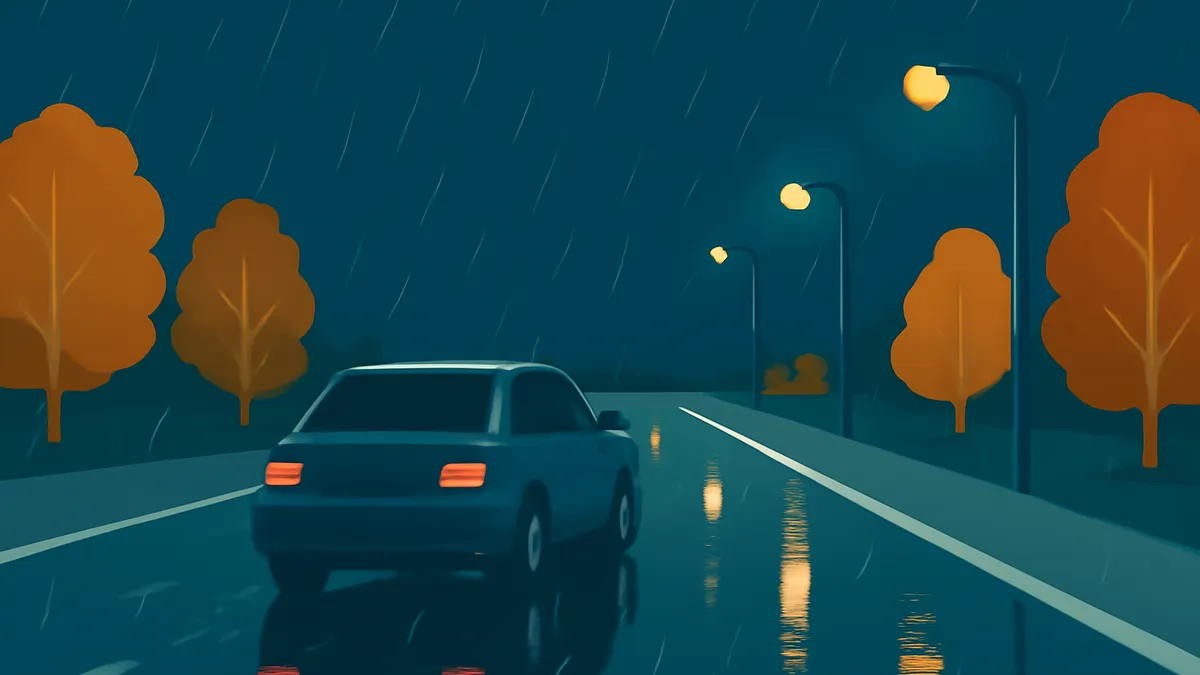 A blue car drives away on a wet road at night, with streetlights and orange trees under falling rain