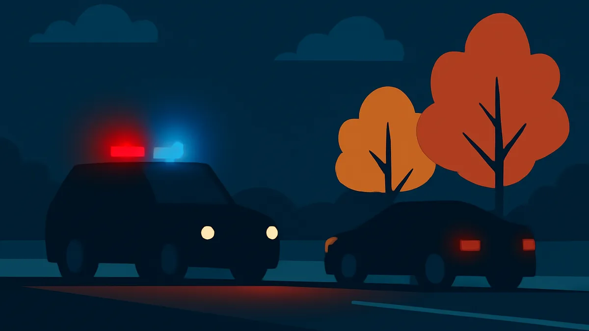 A police car with flashing red and blue lights and a dark sedan on a road at night, with trees in the background