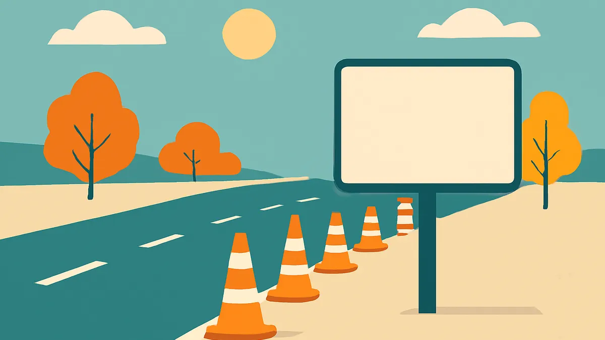 A highway with orange traffic cones and a blank billboard, with trees and clouds in the background