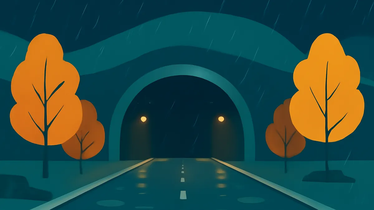 A road leading into a tunnel, flanked by orange trees, under a rainy teal sky