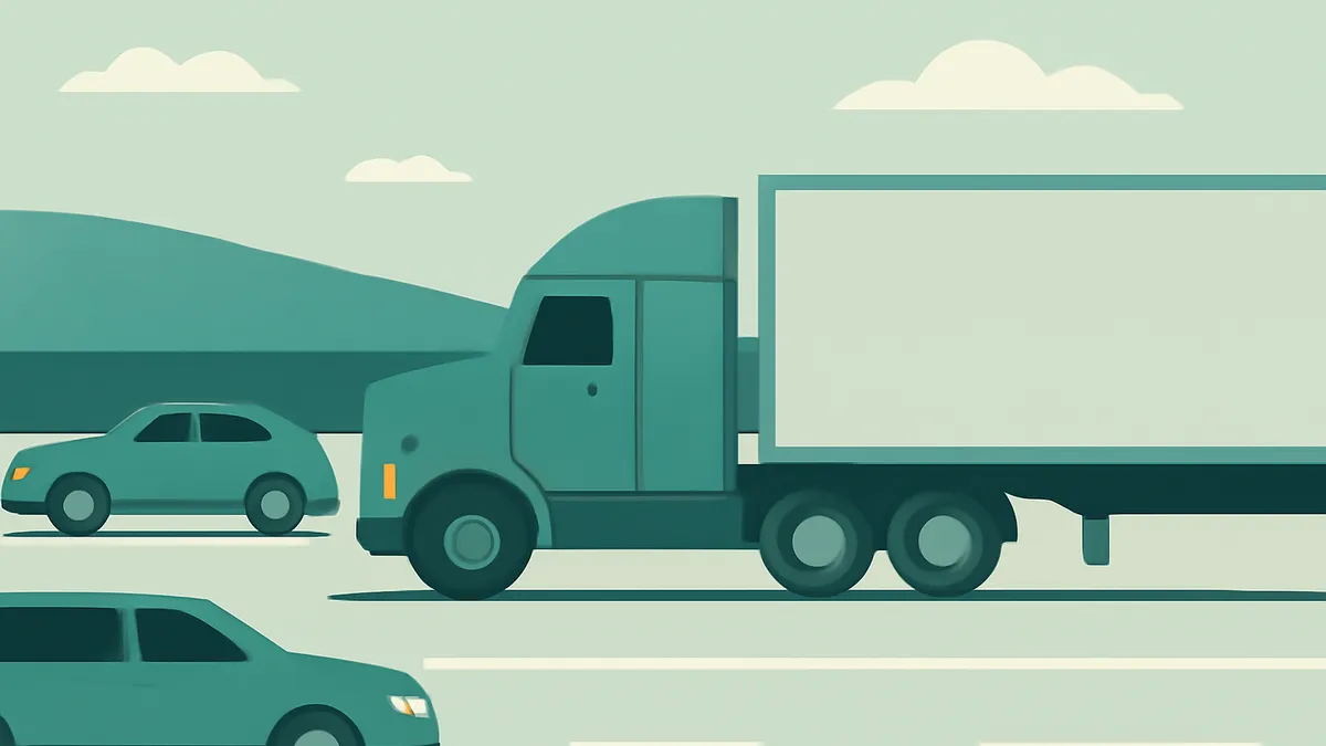 A teal semi-truck and two teal cars on a road with hills and clouds in the background