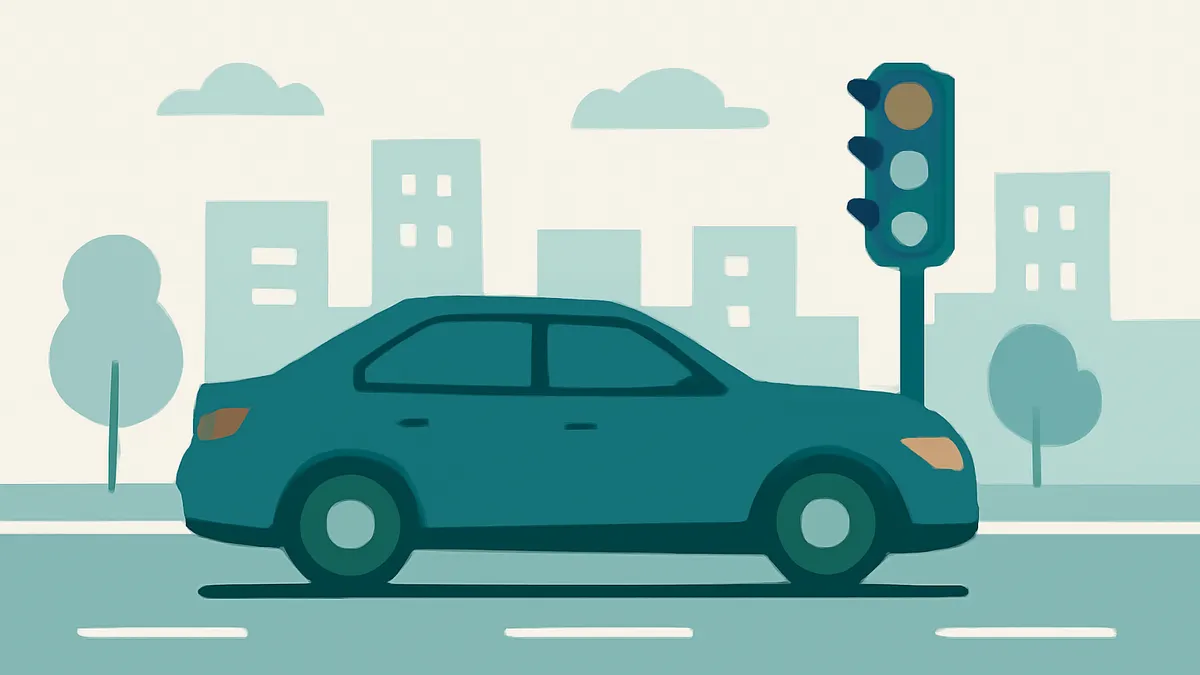 A teal sedan drives on a road with a traffic light and buildings in the background, in a flat illustration style