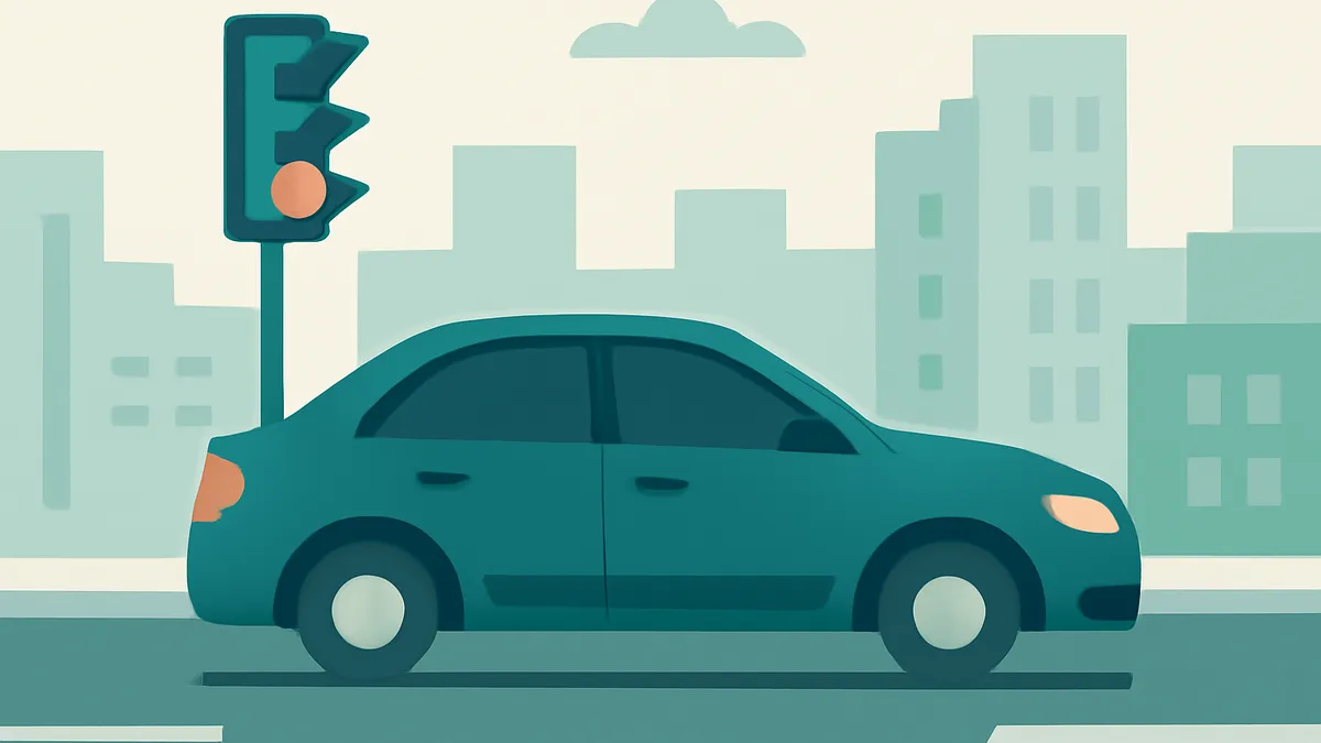 A teal car is stopped at a traffic light in a city with buildings in the background