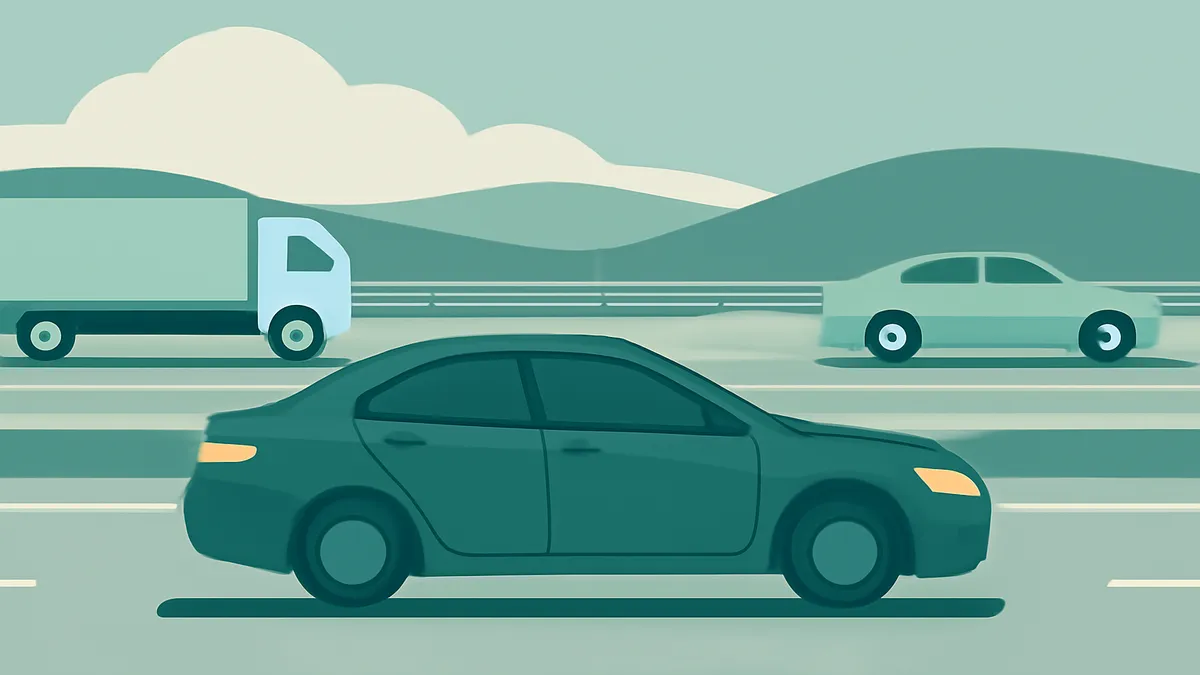 A dark teal sedan in the foreground on a highway, with a light teal sedan and a light blue truck in the background