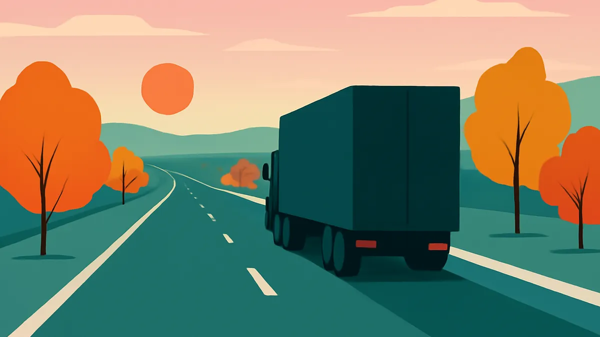 A large truck drives away on a two-lane highway with a sunset in the background and trees on the side