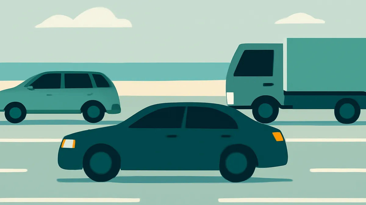 A sedan, a station wagon, and a box truck driving on a multi-lane highway under a cloudy sky in teal and blue tones
