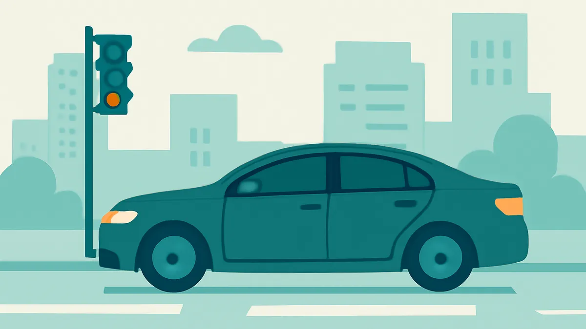 A teal sedan stopped at a traffic light with an orange signal, in front of a city skyline