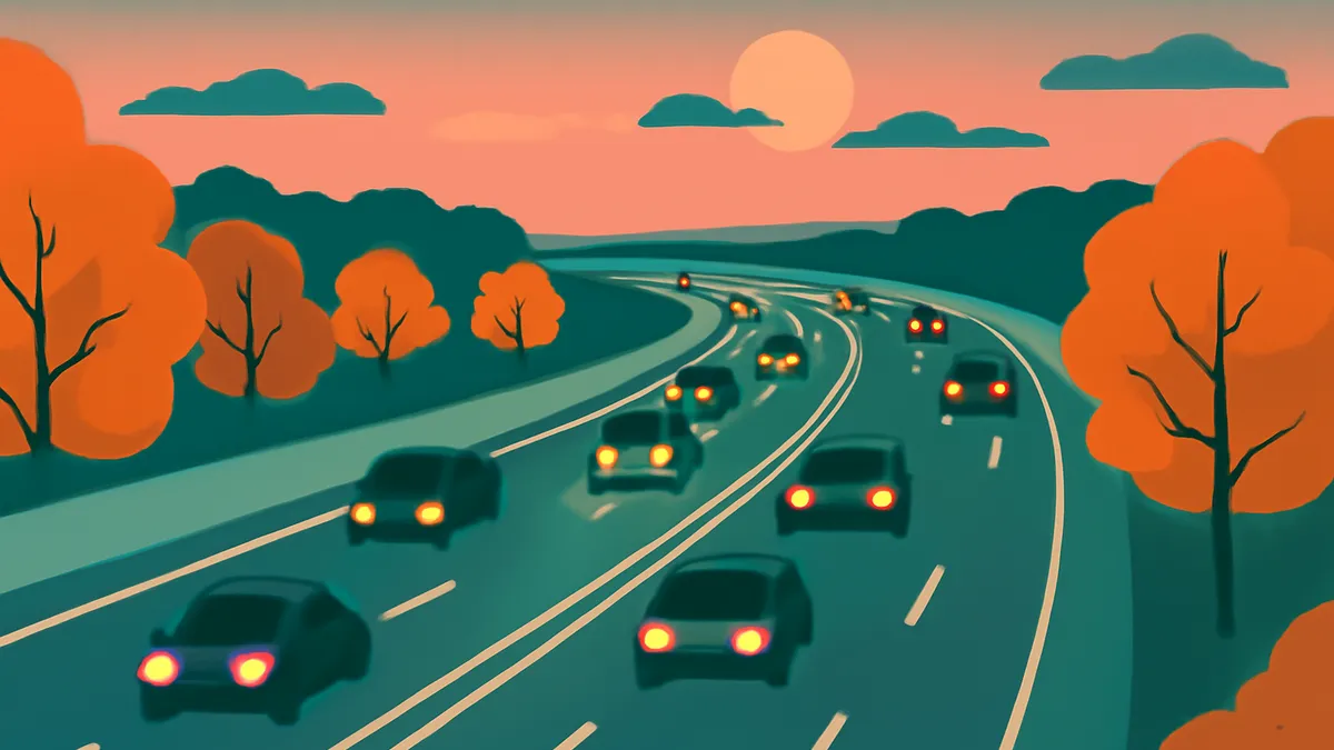 Cars with headlights and taillights on a multi-lane highway at sunset with orange trees and a large sun