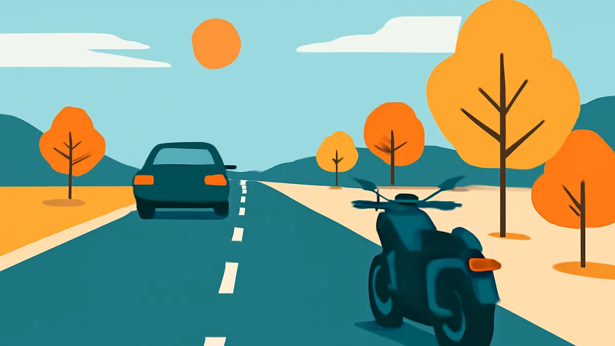 A car and a motorcycle on a road with trees and hills under a blue sky with a sun and clouds