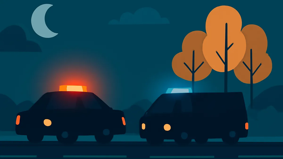 A police car and a van with flashing lights on a dark road at night, with a crescent moon and trees