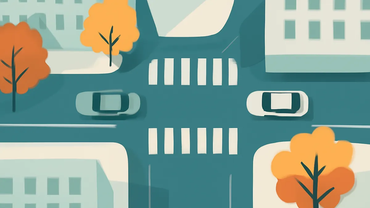 An overhead view of a city intersection with two cars, buildings, and trees in a flat, stylized art style