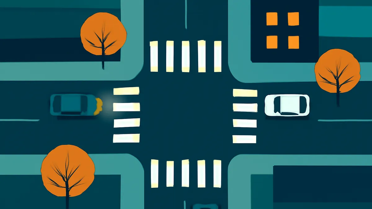 An overhead view of a dark intersection with two cars, three trees, and a building with four windows