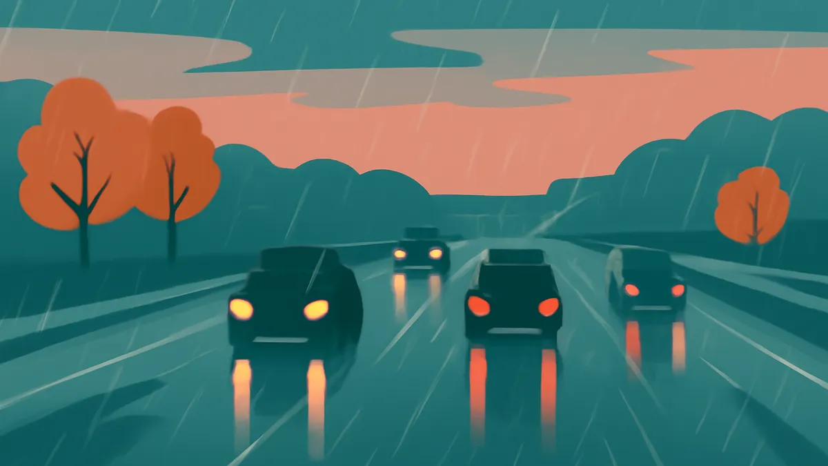 Cars driving on a wet road in the rain at dusk, with orange trees and a peach-colored sky