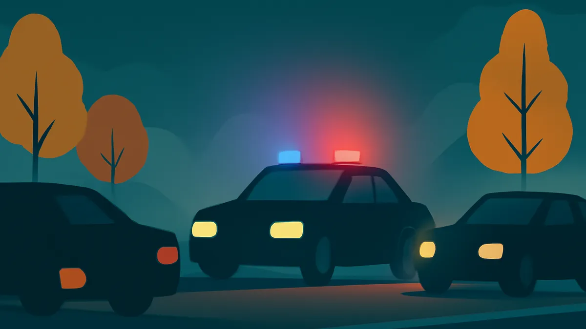 Three dark cars, one a police car with flashing red and blue lights, on a road at night with orange trees
