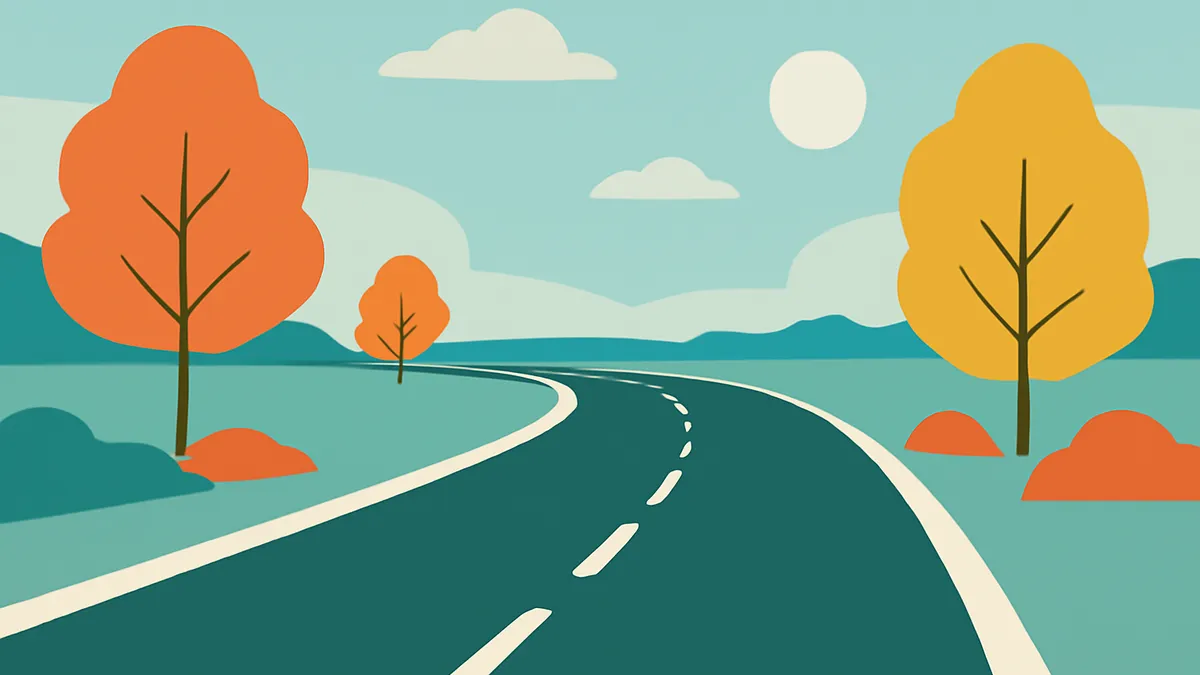A winding road with trees and hills under a sky with clouds and a sun in a flat, illustrative style