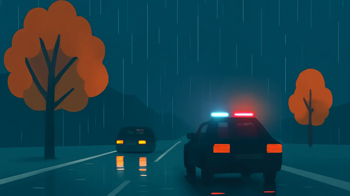 A police car with flashing lights follows another car on a wet road at night, with trees on the side