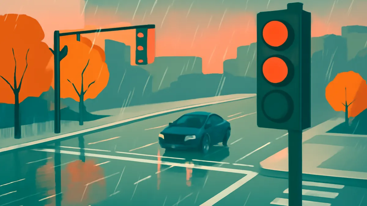 A dark blue car on a wet road with a traffic light showing red, surrounded by orange trees and buildings in the background