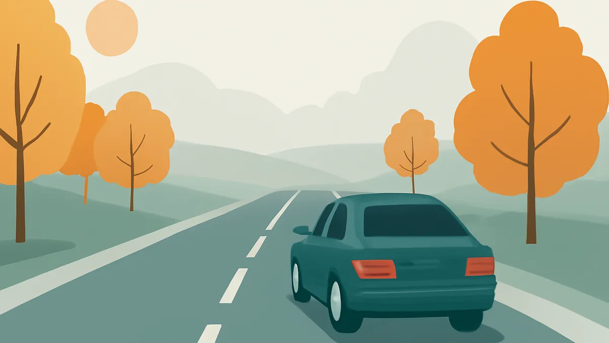 A teal car drives away on a two-lane road with orange trees and hills under a pale sun
