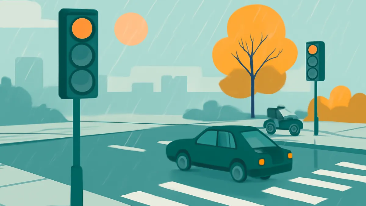 A green car and a small green ATV on a wet road with two traffic lights and trees under a rainy sky