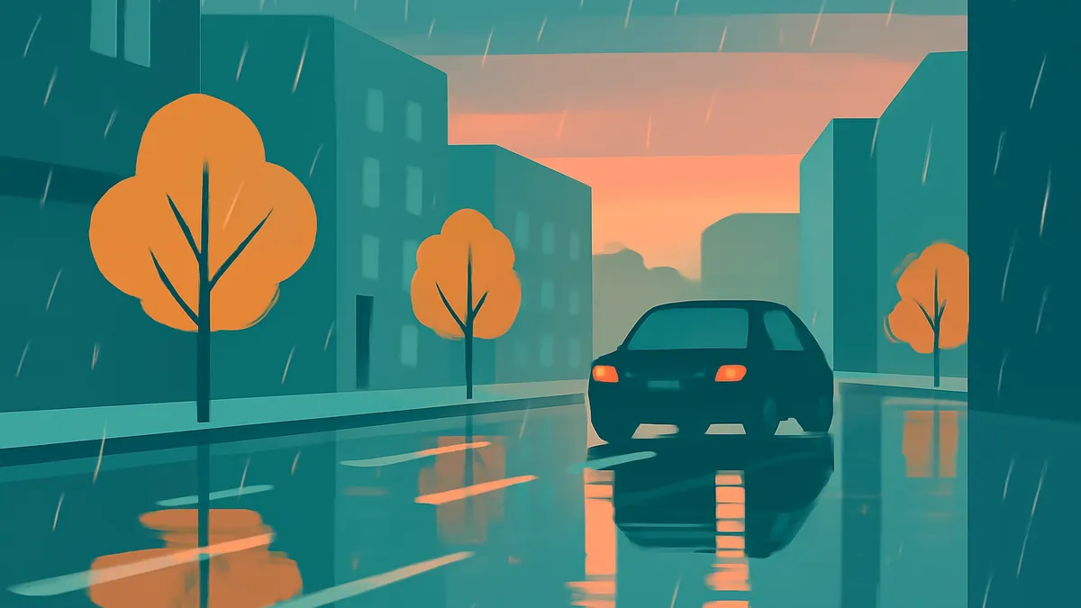 A dark car drives on a wet street in the rain, with buildings and trees under an orange sky