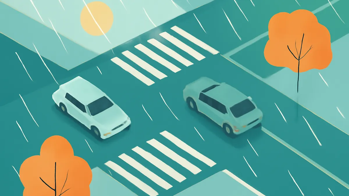Two cars on a rainy road with crosswalks and trees in a stylized, flat art style