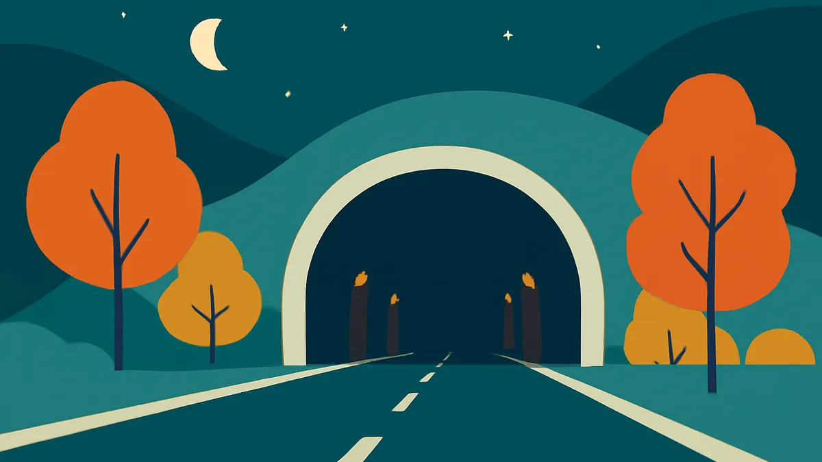 A road leading into a tunnel at night, flanked by orange trees under a dark sky with a crescent moon