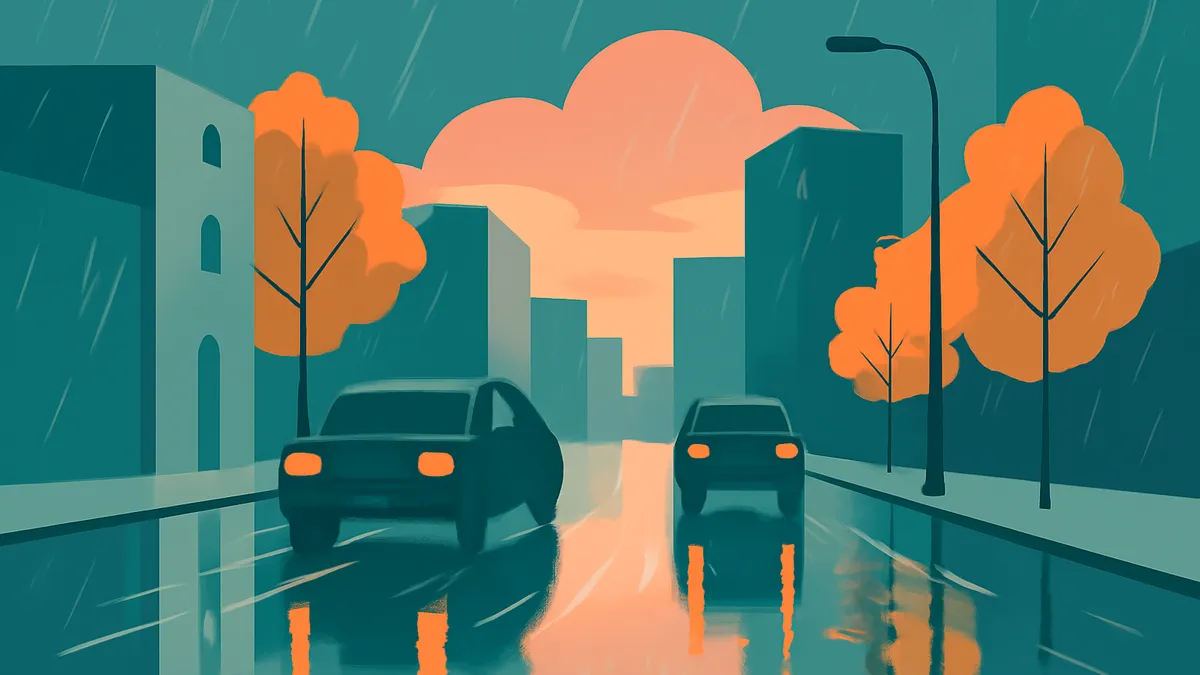 Two cars on a wet city street in the rain, with buildings and orange trees under an orange sky