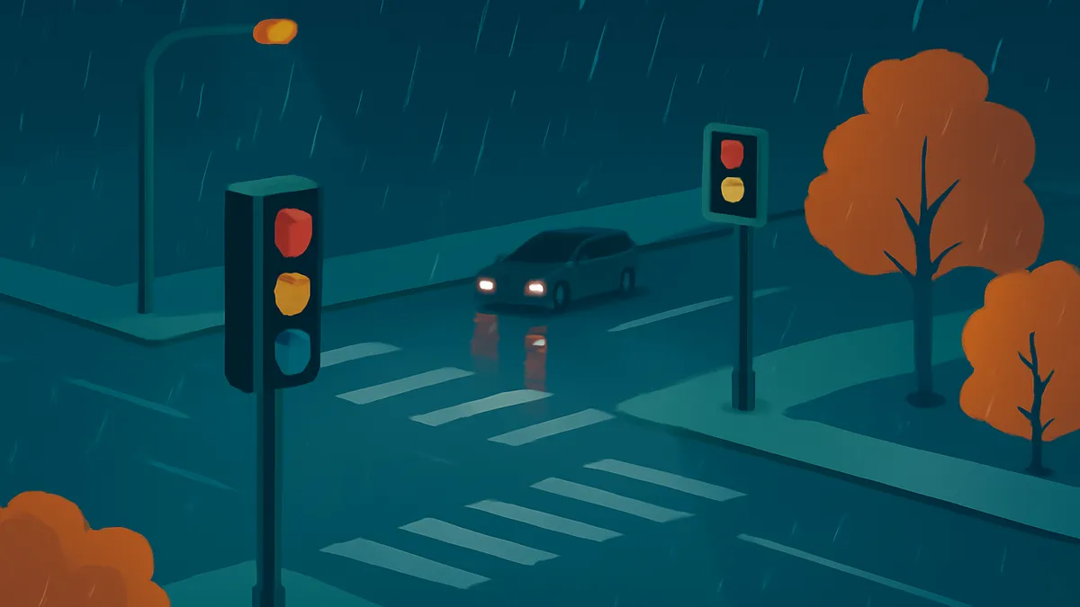 A car with headlights on at a rainy intersection with traffic lights and trees in teal and orange tones