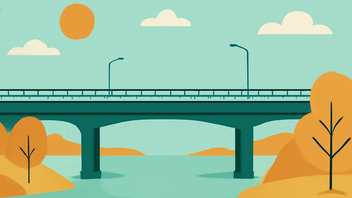 A bridge over water with a sun and clouds in the sky, and trees on the banks in a flat illustration style