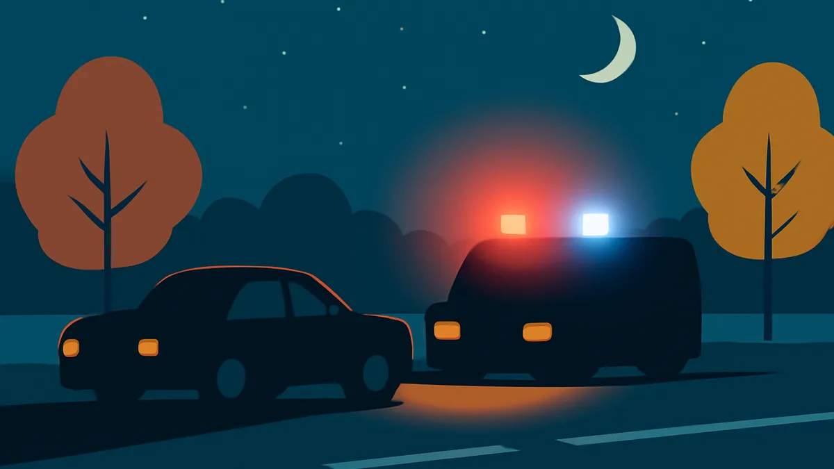 A dark sedan and a police car with flashing lights on a road at night, with trees and a crescent moon