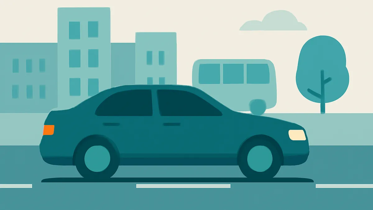 A teal sedan on a road with buildings, a van, and a tree in the background, all in flat teal tones