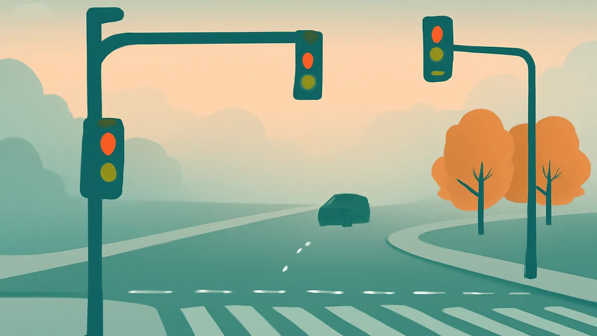 A car approaches a crosswalk and traffic lights on a road with trees in the background, in a flat, stylized illustration