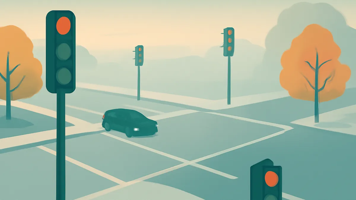 A car at an intersection with traffic lights and trees in a muted, hazy color palette