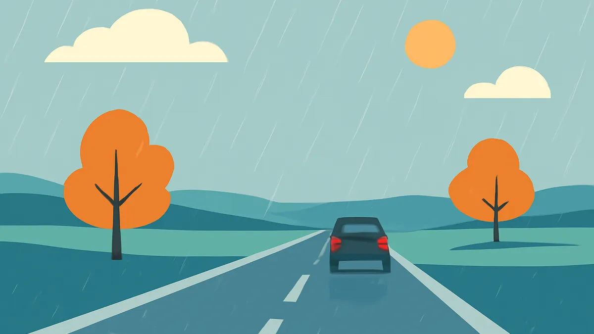 A black car drives away on a wet road under a rainy sky with a sun and clouds, flanked by orange trees and hills