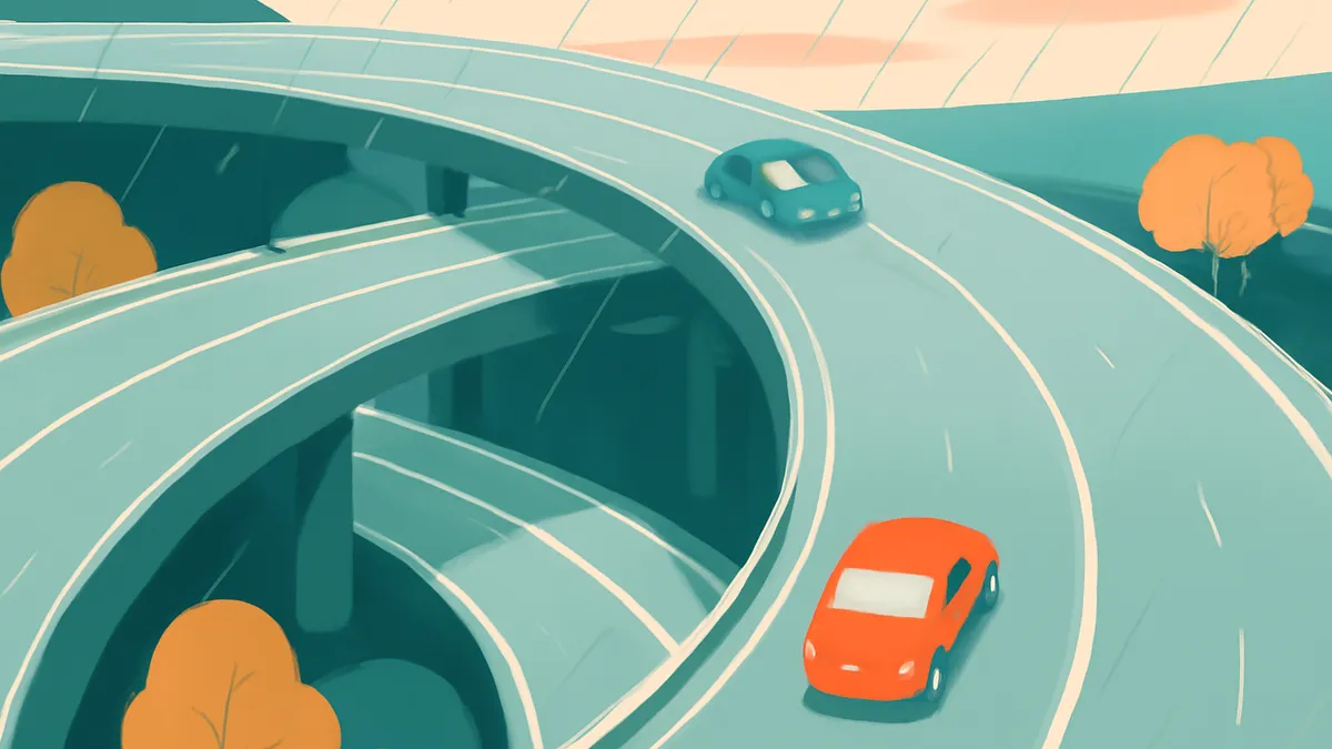 Two cars on a multi-level highway interchange with trees in the background, in a flat, stylized illustration