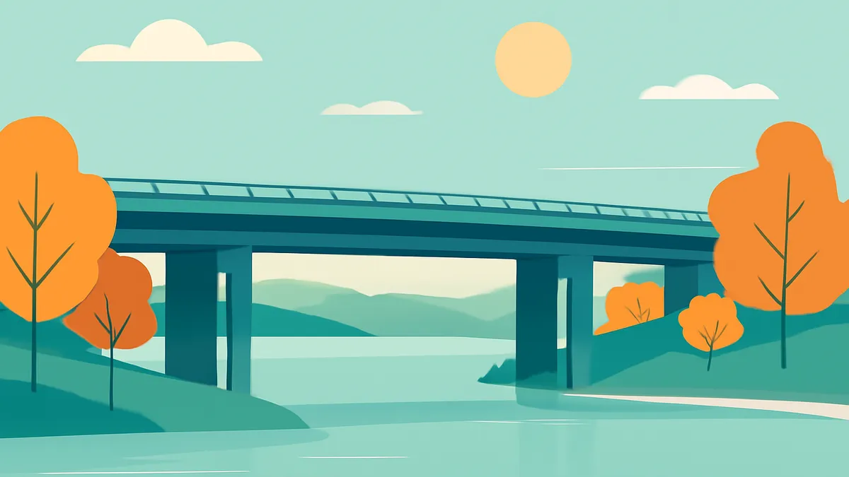 A bridge over a body of water with trees on the banks under a sky with a sun and clouds in a flat, stylized art style
