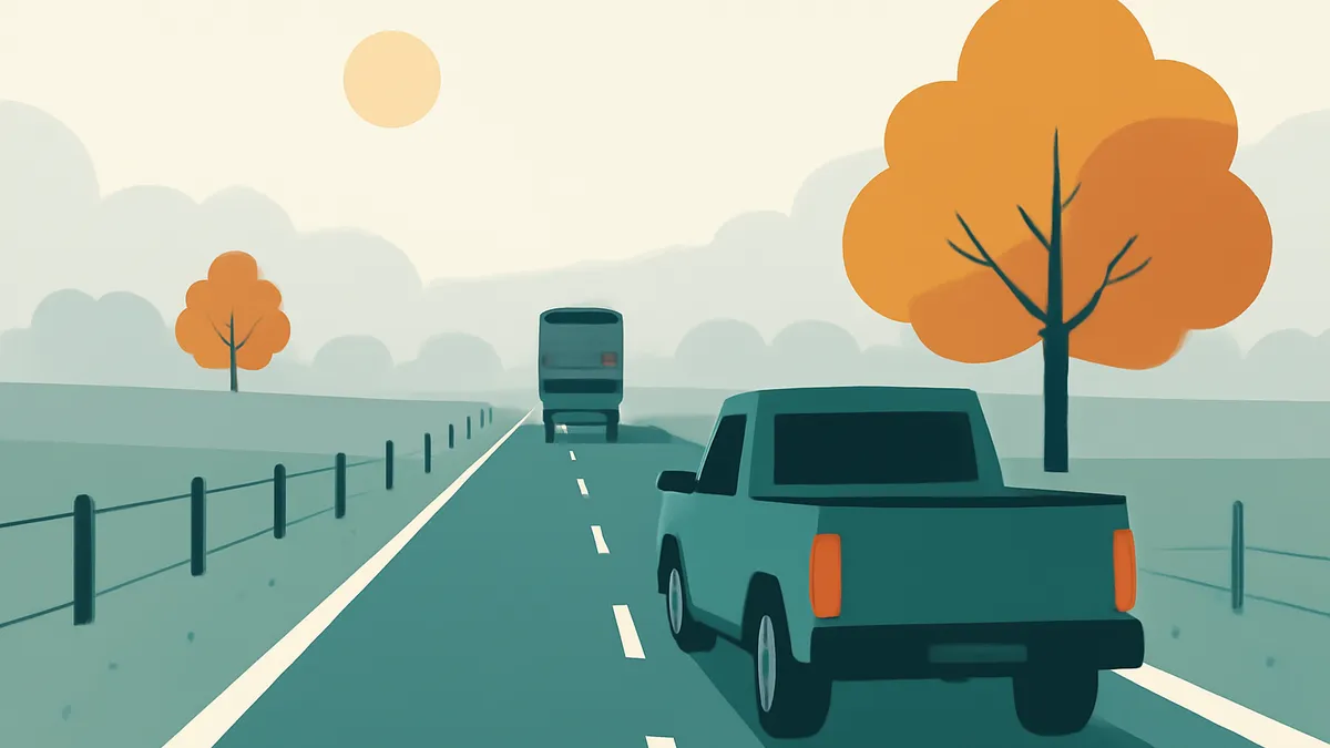 A pickup truck and a bus on a two-lane highway with trees and a fence under a hazy sky