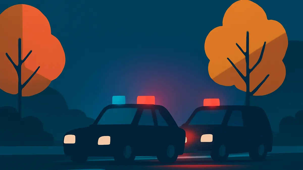 Two police cars with flashing lights on a dark road at night, with orange trees in the background