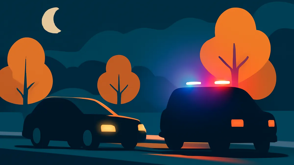 A police car with flashing lights and another car on a road at night, with orange trees and a crescent moon