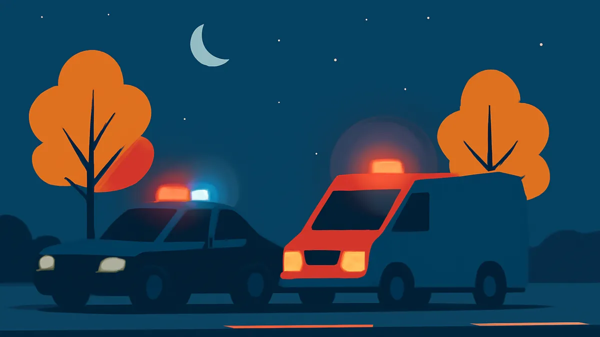 A police car and an ambulance with flashing lights parked on a road at night, with trees and a crescent moon