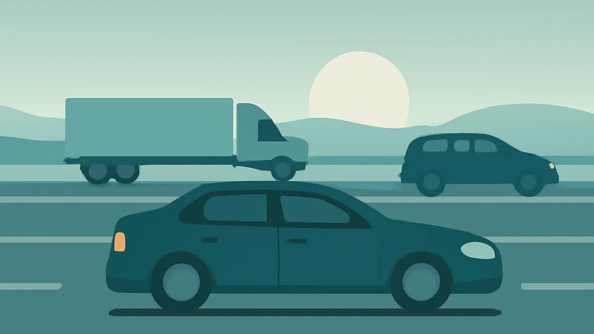 A sedan, a truck, and a minivan driving on a highway with hills and a sun in the background, in teal tones