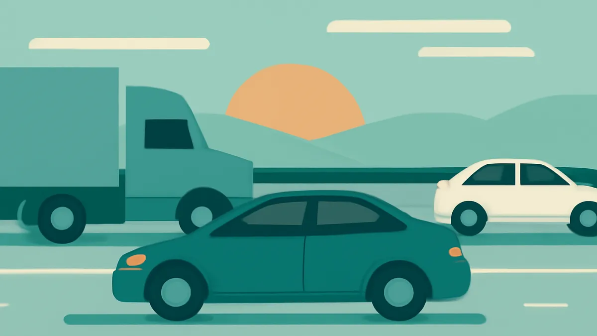 A teal truck, a teal sedan, and a white sedan on a highway with a sunset and mountains in the background