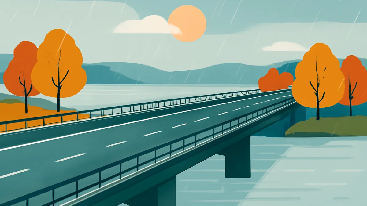 A highway bridge over water with trees on the banks under a rainy sky with a sun and clouds