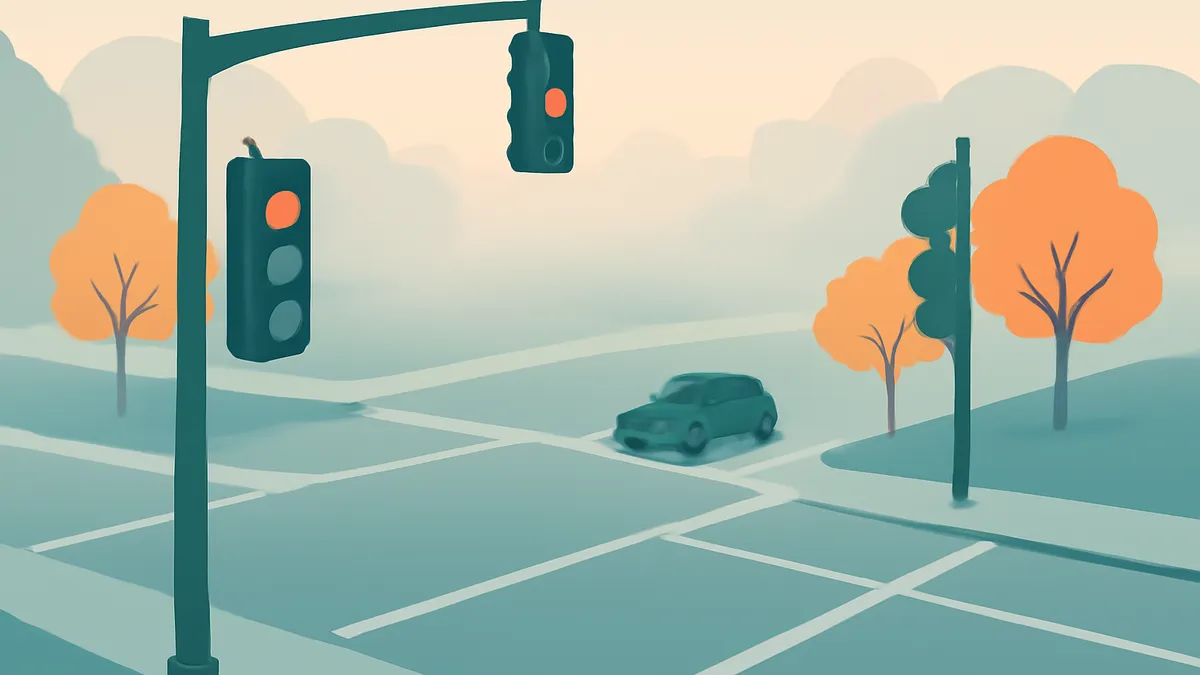 A teal car at an intersection with two traffic lights showing red, surrounded by orange trees and teal foliage