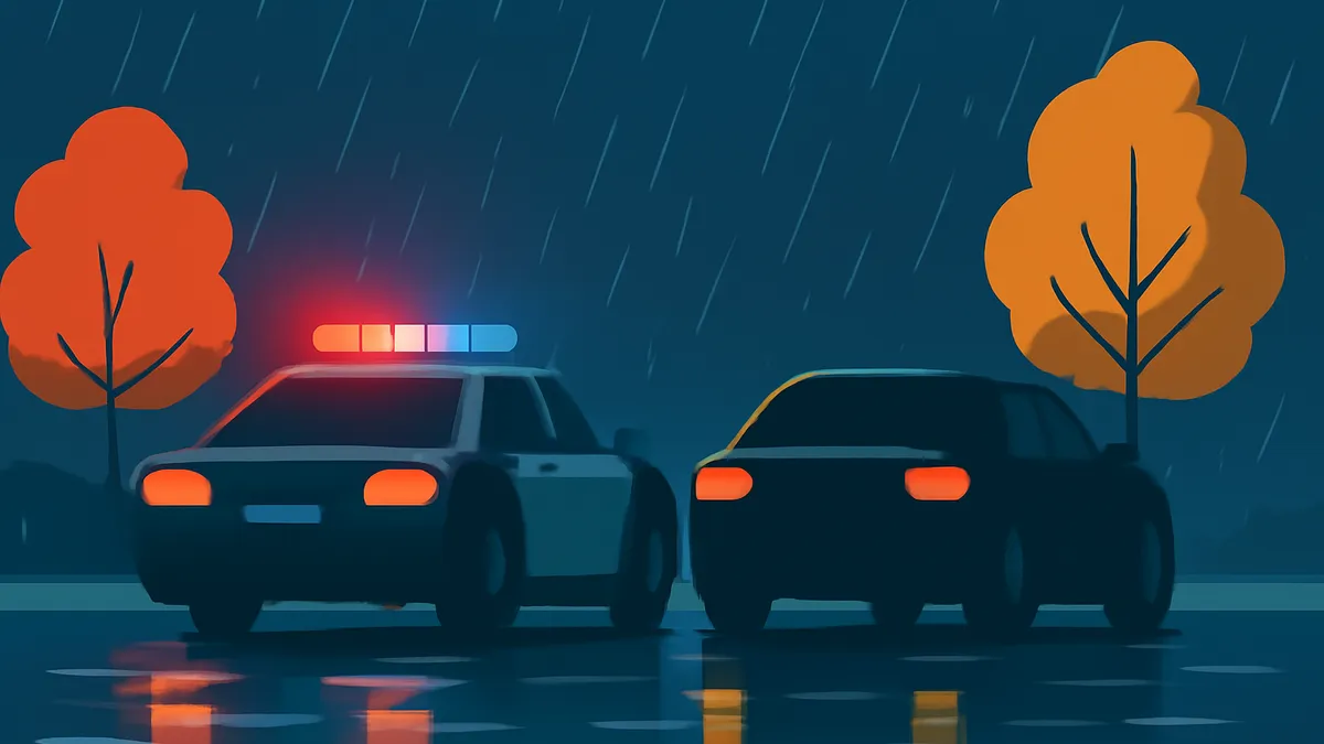 A police car with flashing lights and another car on a wet road at night with two orange trees